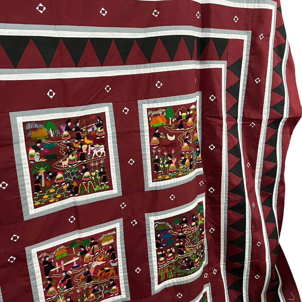 Large Vintage‎ Hmong Story Cloth Bedspread 80x94 Hand Embroidered Full Queen